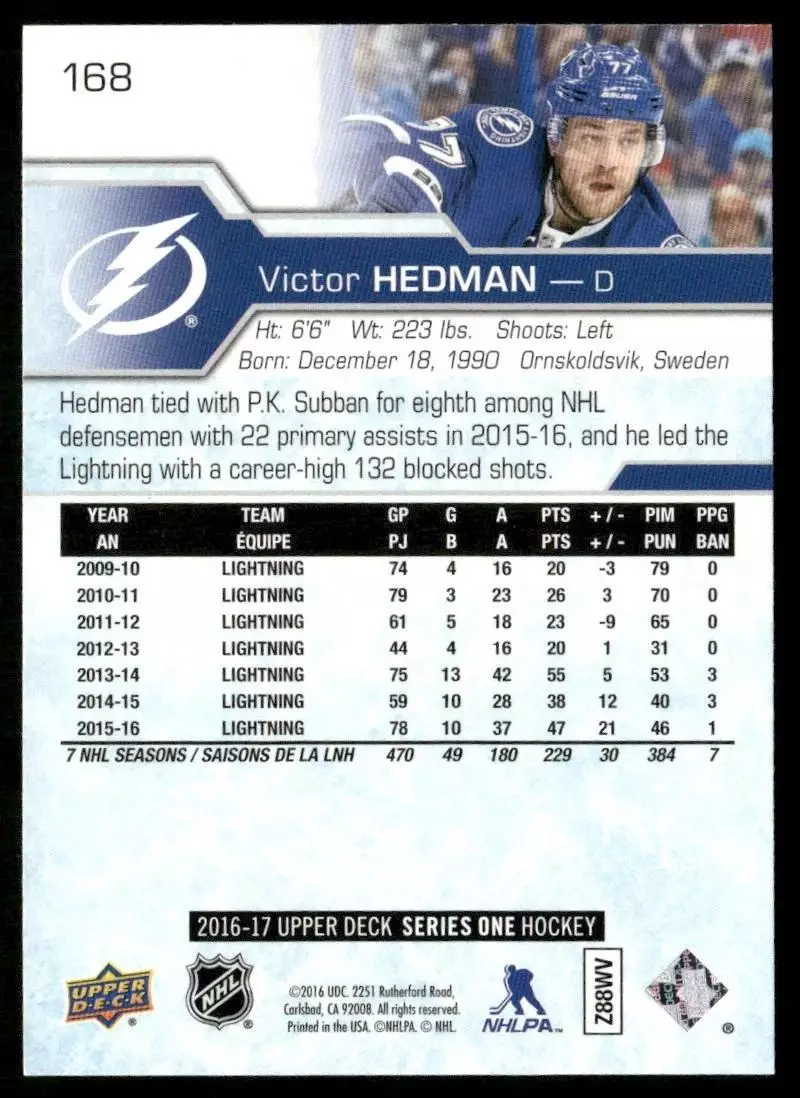 2016-17 Upper Deck #168 Victor Hedman 1