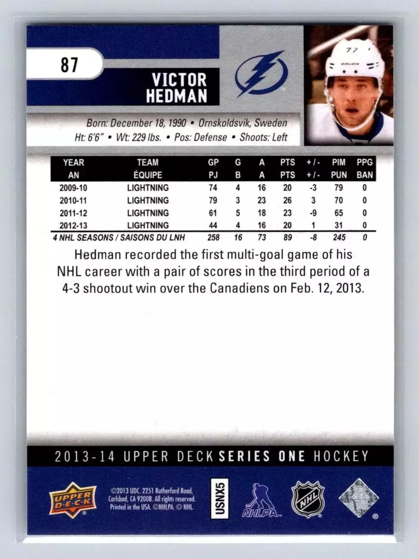 2013-14 Upper Deck #87 Victor Hedman 1