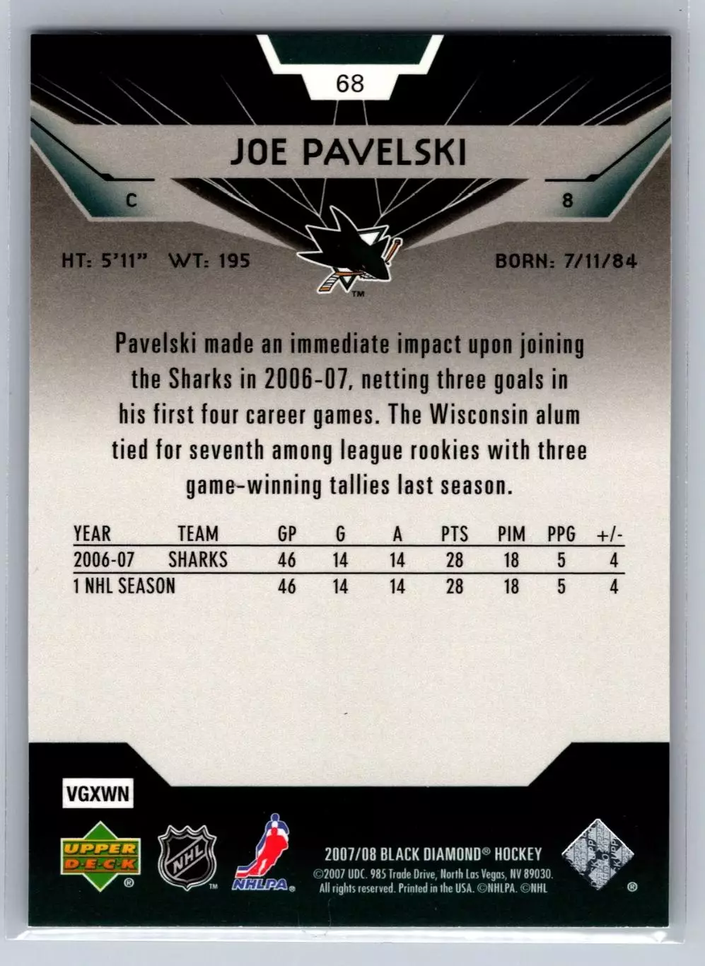 2007-08 Black Diamond #68 Joe Pavelski 1
