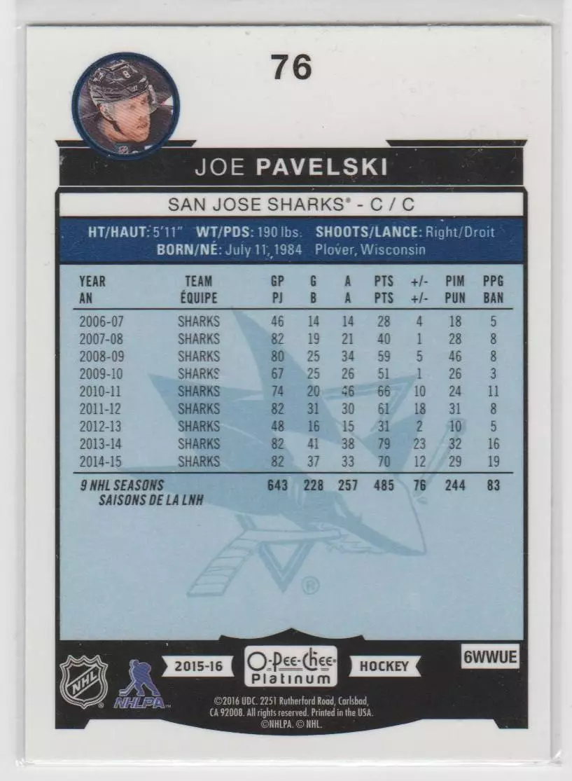2015-16 O-Pee-Chee Platinum #76 Joe Pavelski 1