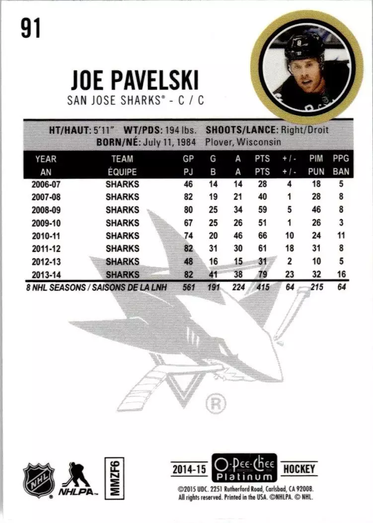 2014-15 O-Pee-Chee Platinum #91 Joe Pavelski 1