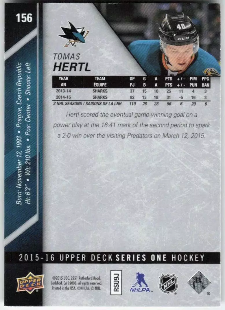 2015-16 Upper Deck #156 Tomas Hertl 1
