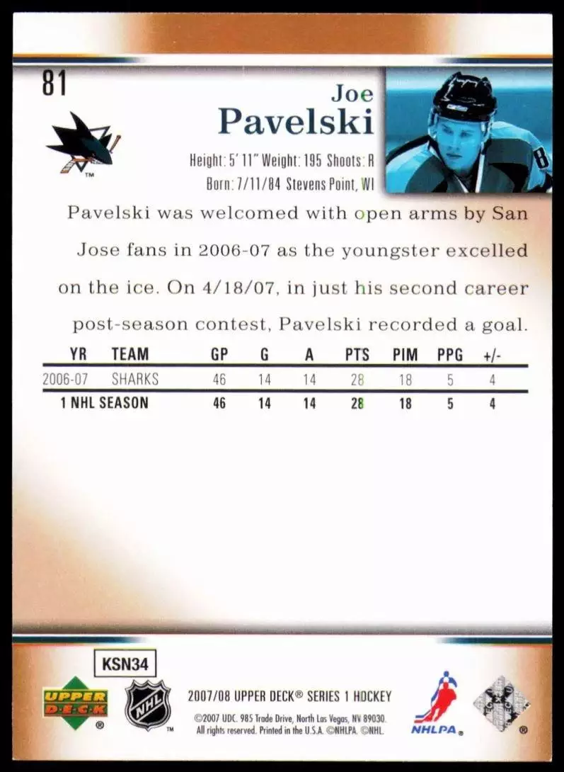 2007-08 Upper Deck #81 Joe Pavelski 1