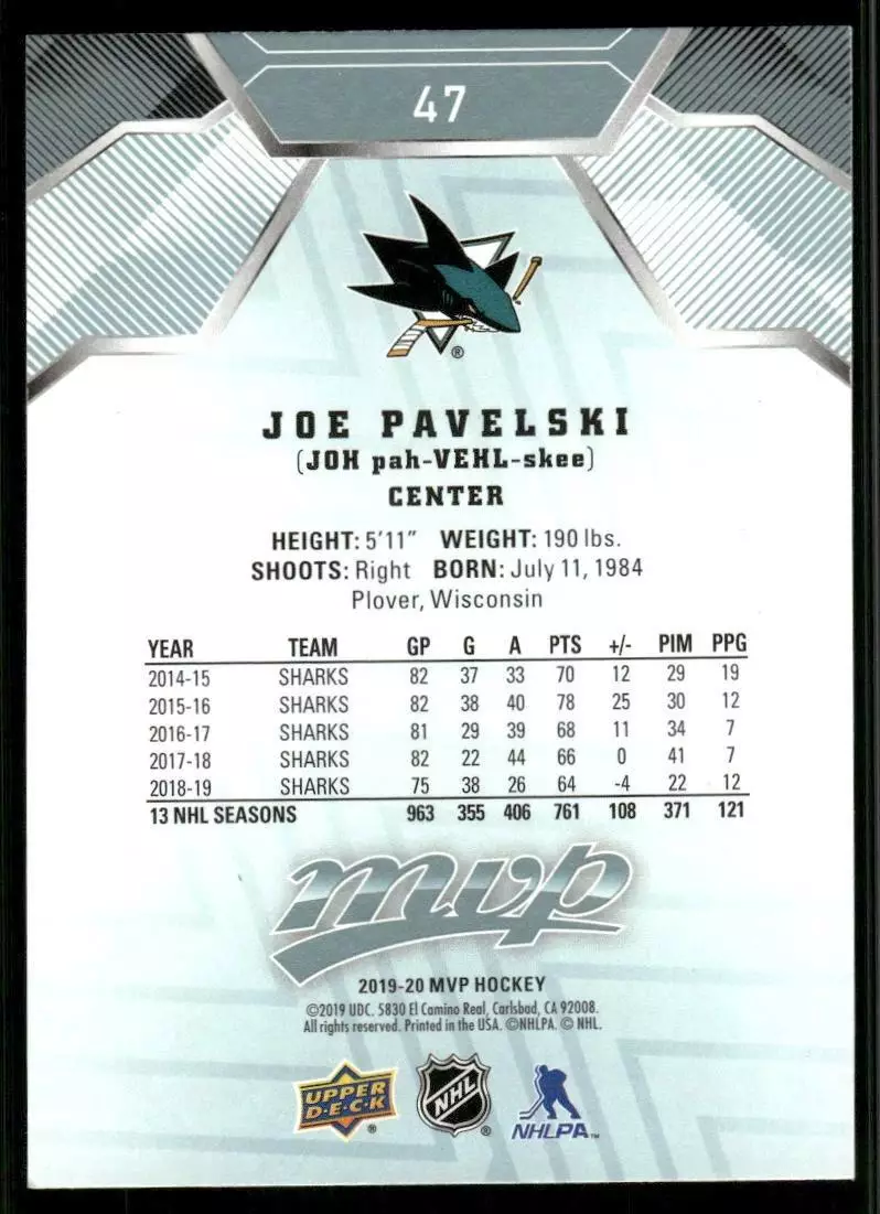 2019-20 Upper Deck MVP #47 Joe Pavelski 1
