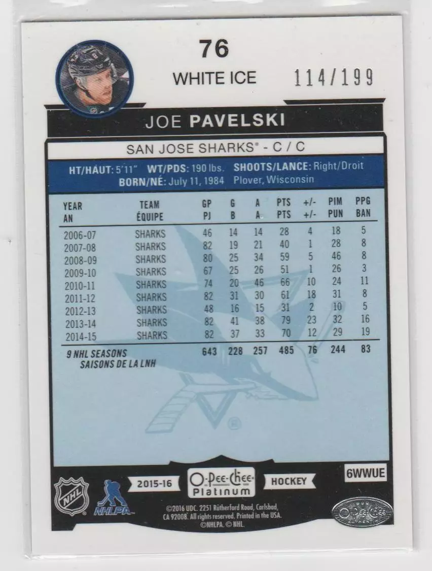 2015-16 O-Pee-Chee Platinum White Ice #76 Joe Pavelski 114\199 1