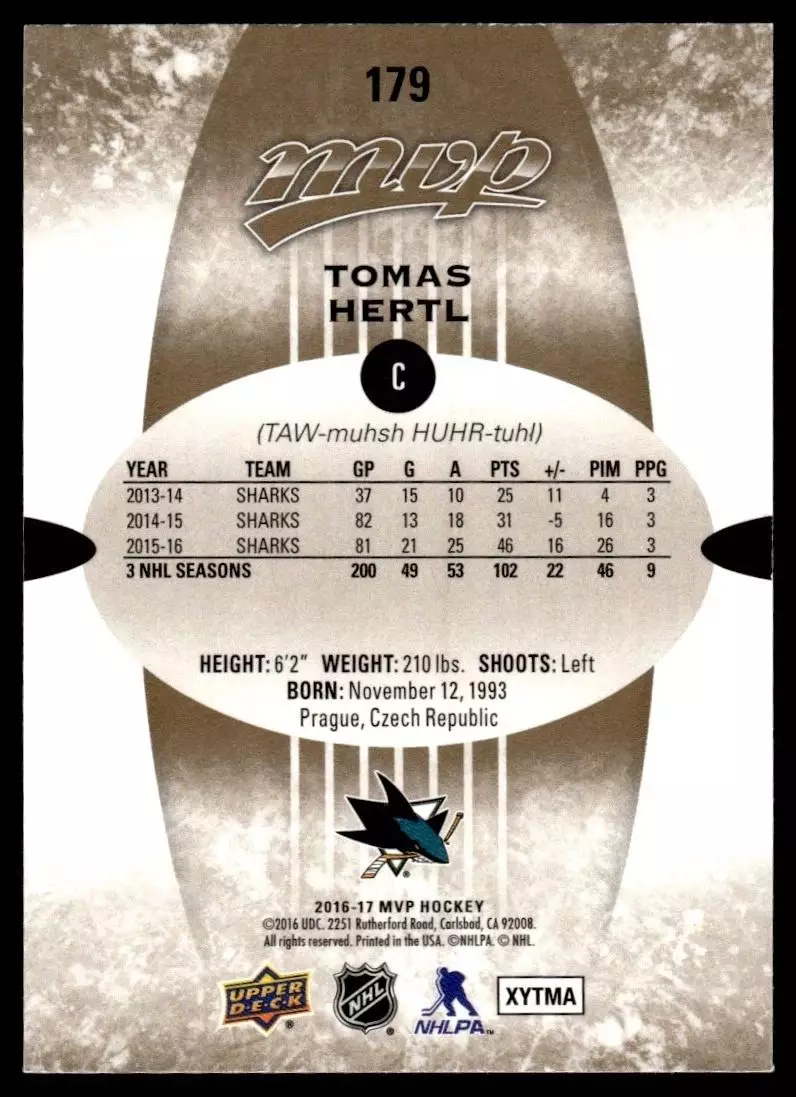2016-17 Upper Deck MVP #179 Tomas Hertl 1