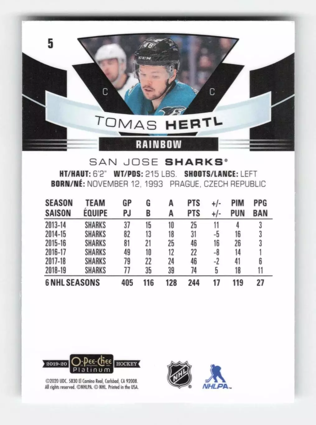 2019-20 O-Pee-Chee Platinum Rainbow #5 Tomas Hertl 1