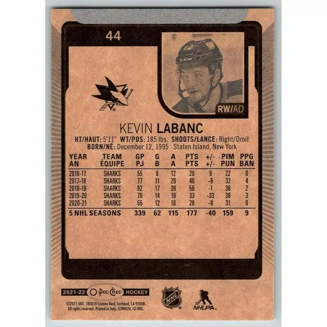 2021-22 O-Pee-Chee #44 Kevin Labanc 1