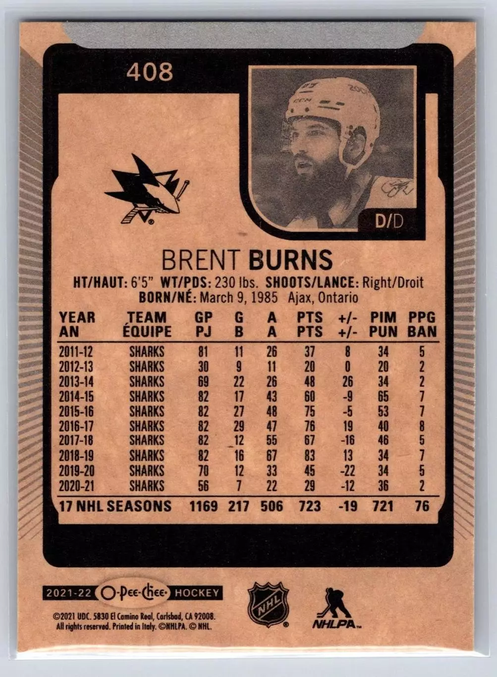 2021-22 O-Pee-Chee #408 Brent Burns 1