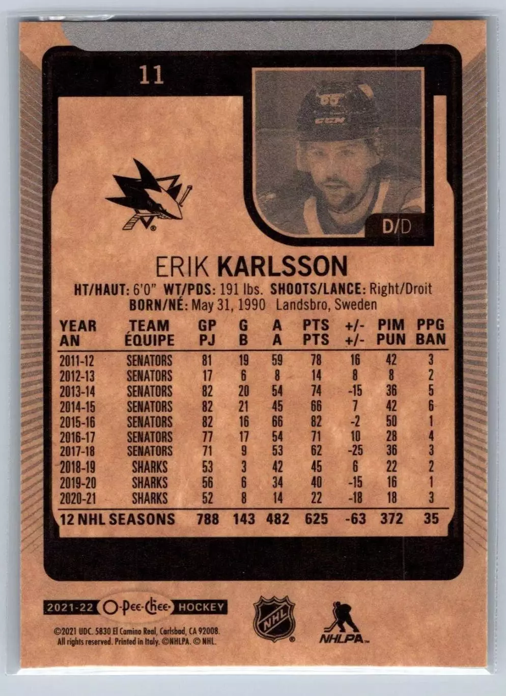 2021-22 O-Pee-Chee #11 Erik Karlsson 1