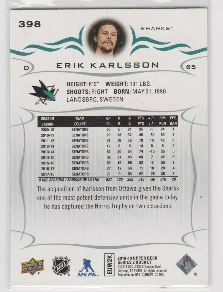 2018-19 Upper Deck #398 Erik Karlsson 1