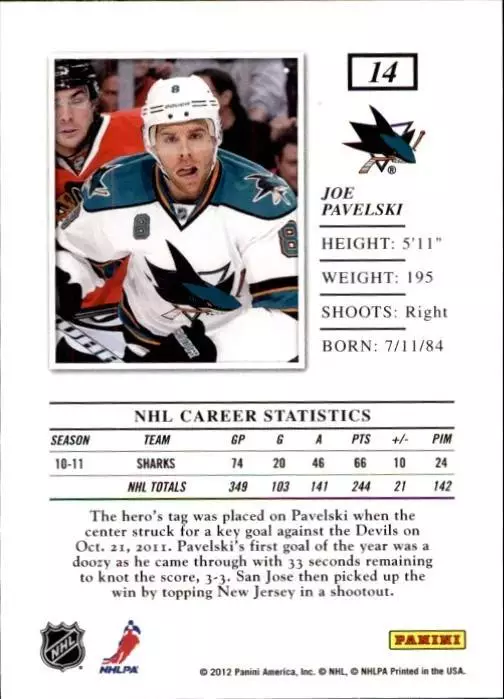 2011-12 Elite #14 Joe Pavelski 1