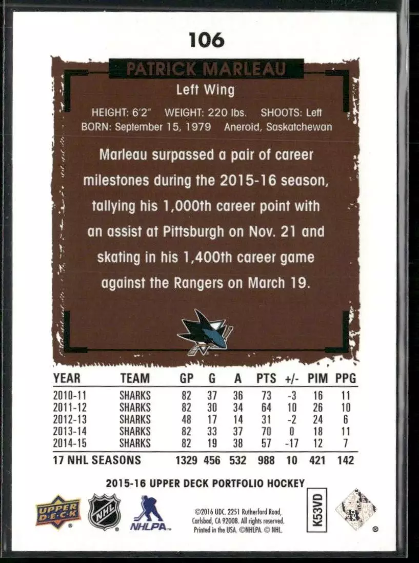 2015-16 Upper Deck Portfolio #106 Patrick Marleau 1
