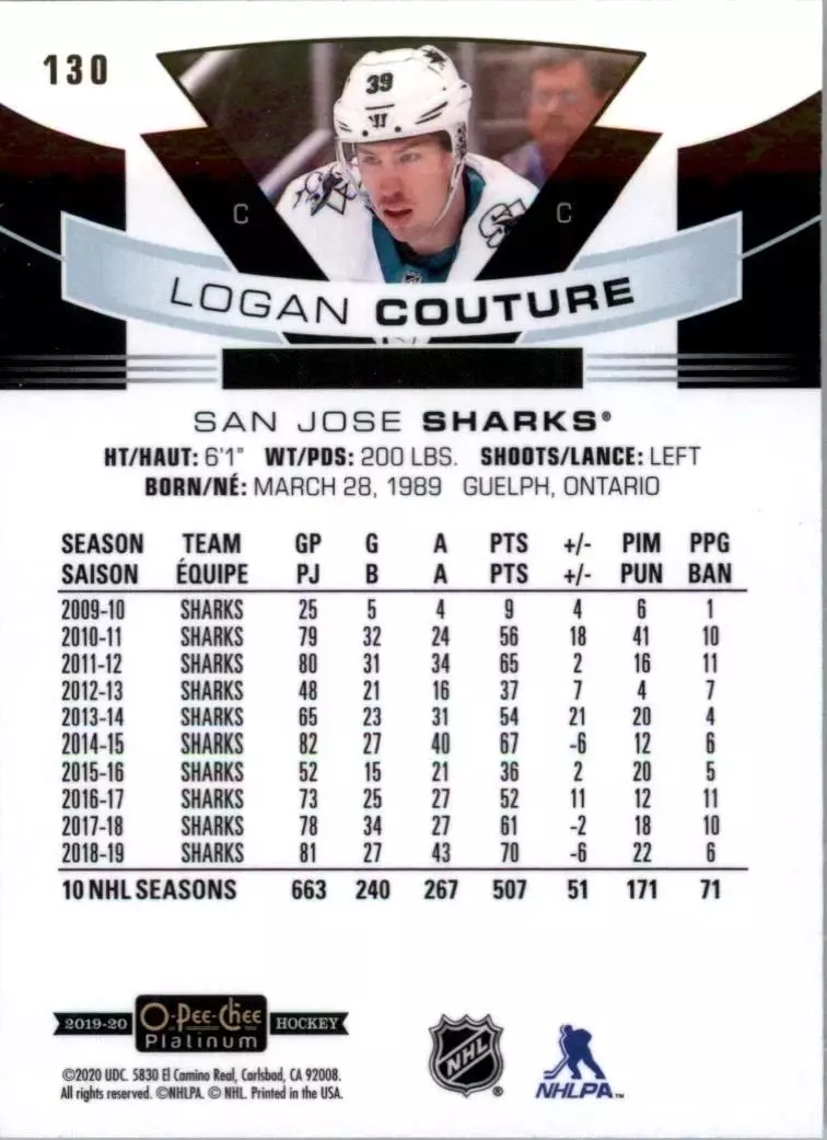 2019-20 O-Pee-Chee Platinum #130 Logan Couture 1