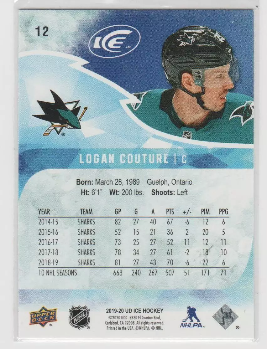 2019-20 Upper Deck Ice #12 Logan Couture 1