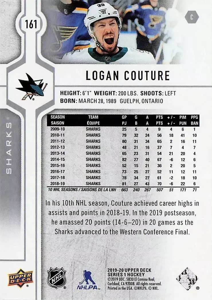 2019-20 Upper Deck #161 Logan Couture 1