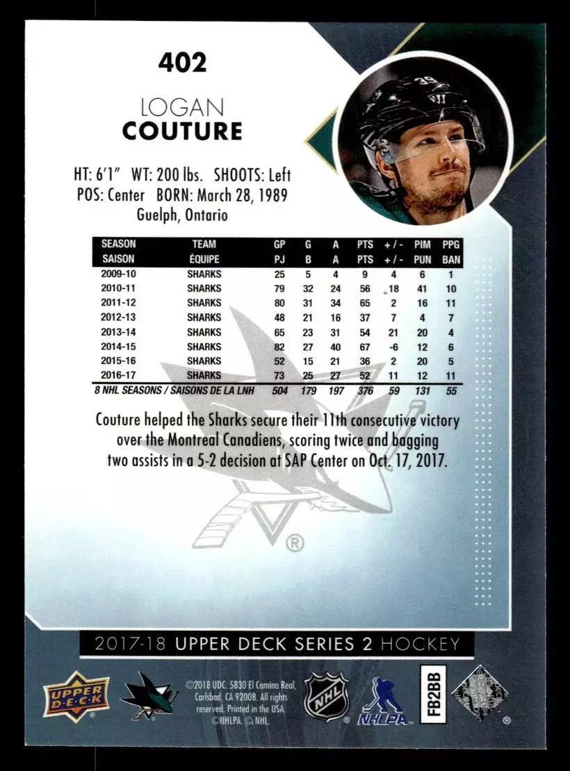 2017-18 Upper Deck #402 Logan Couture 1
