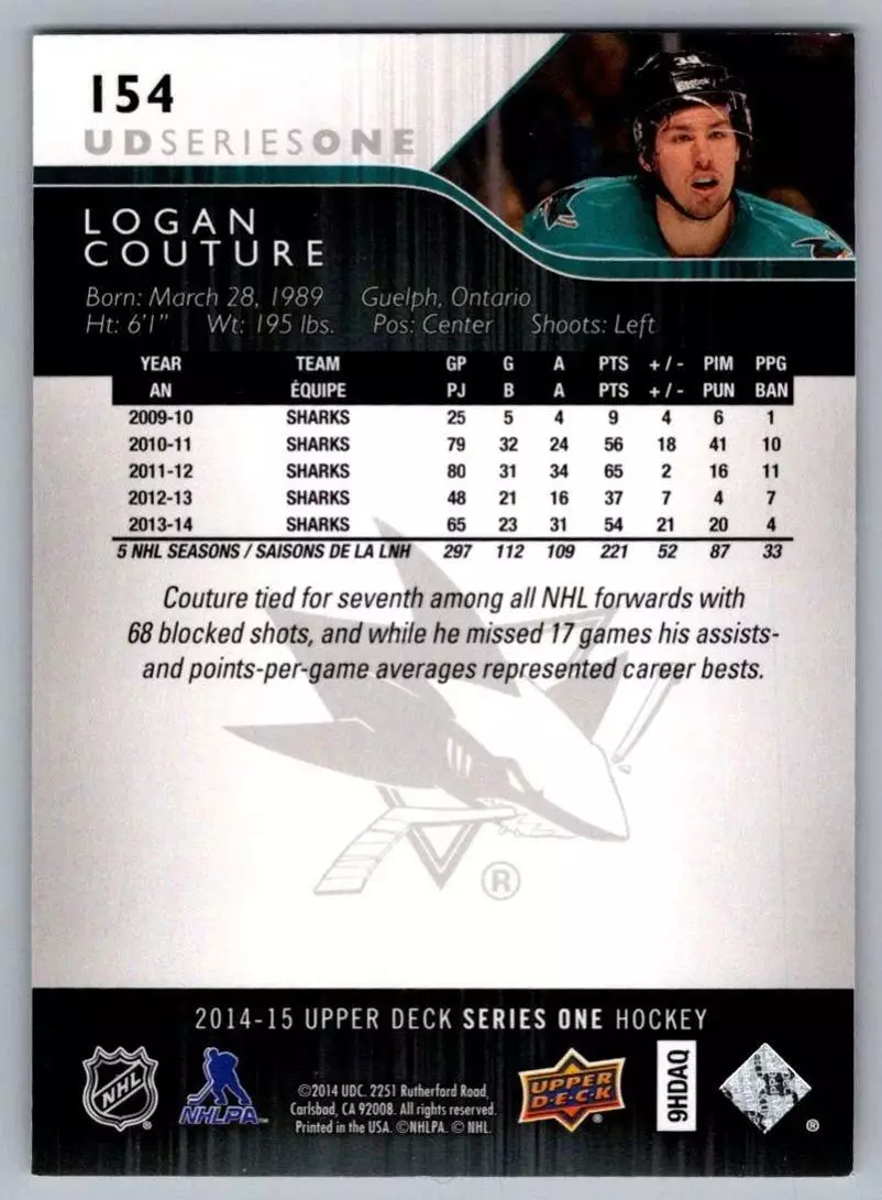 2014-15 Upper Deck #154 Logan Couture 1
