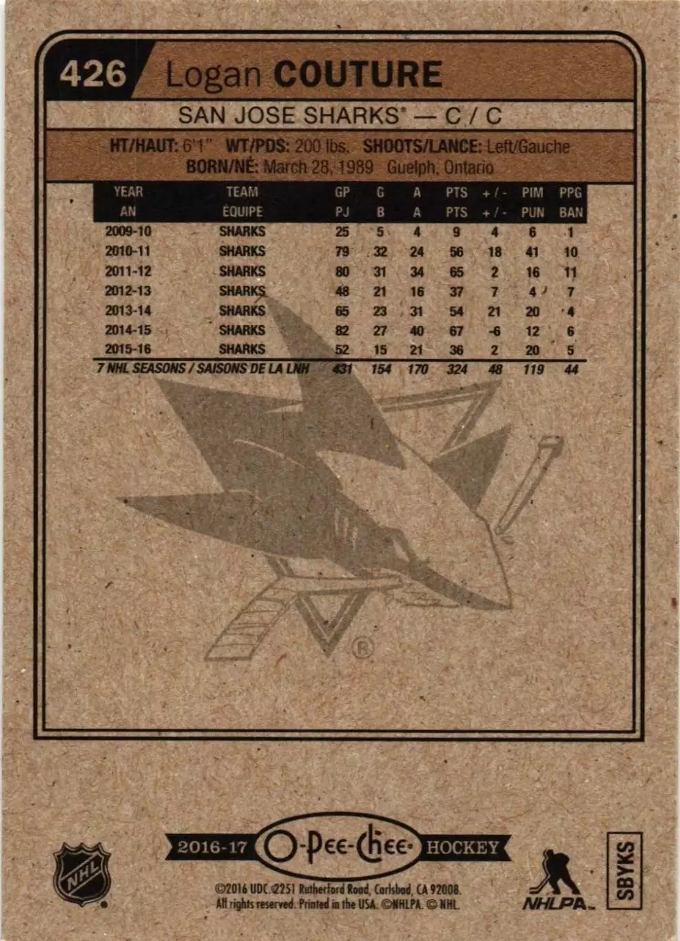 2016-17 O-Pee-Chee #426 Logan Couture 1