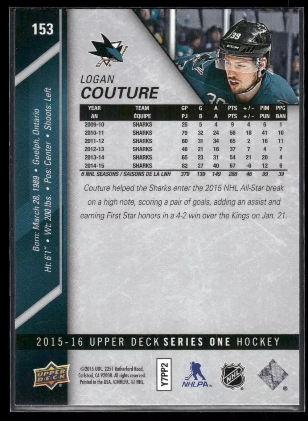 2015-16 Upper Deck #153 Logan Couture 1