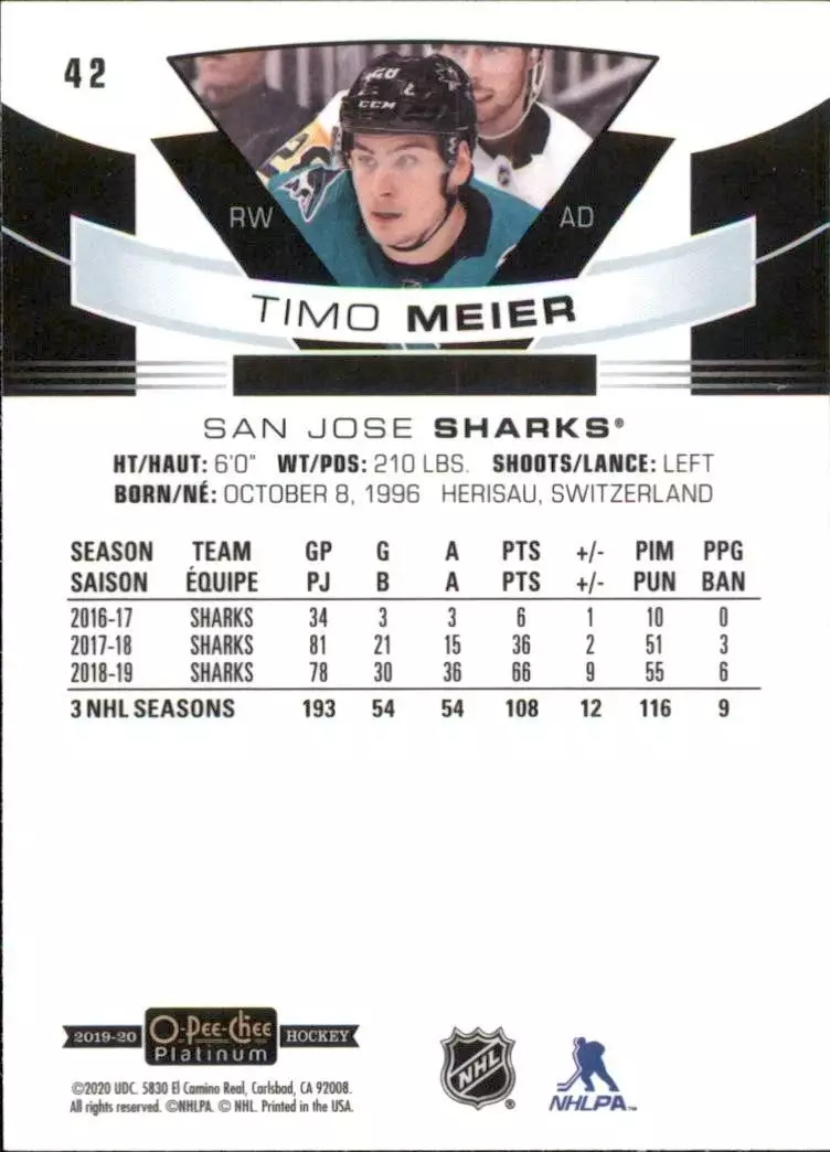 2019-20 O-Pee-Chee Platinum #42 Timo Meier 1
