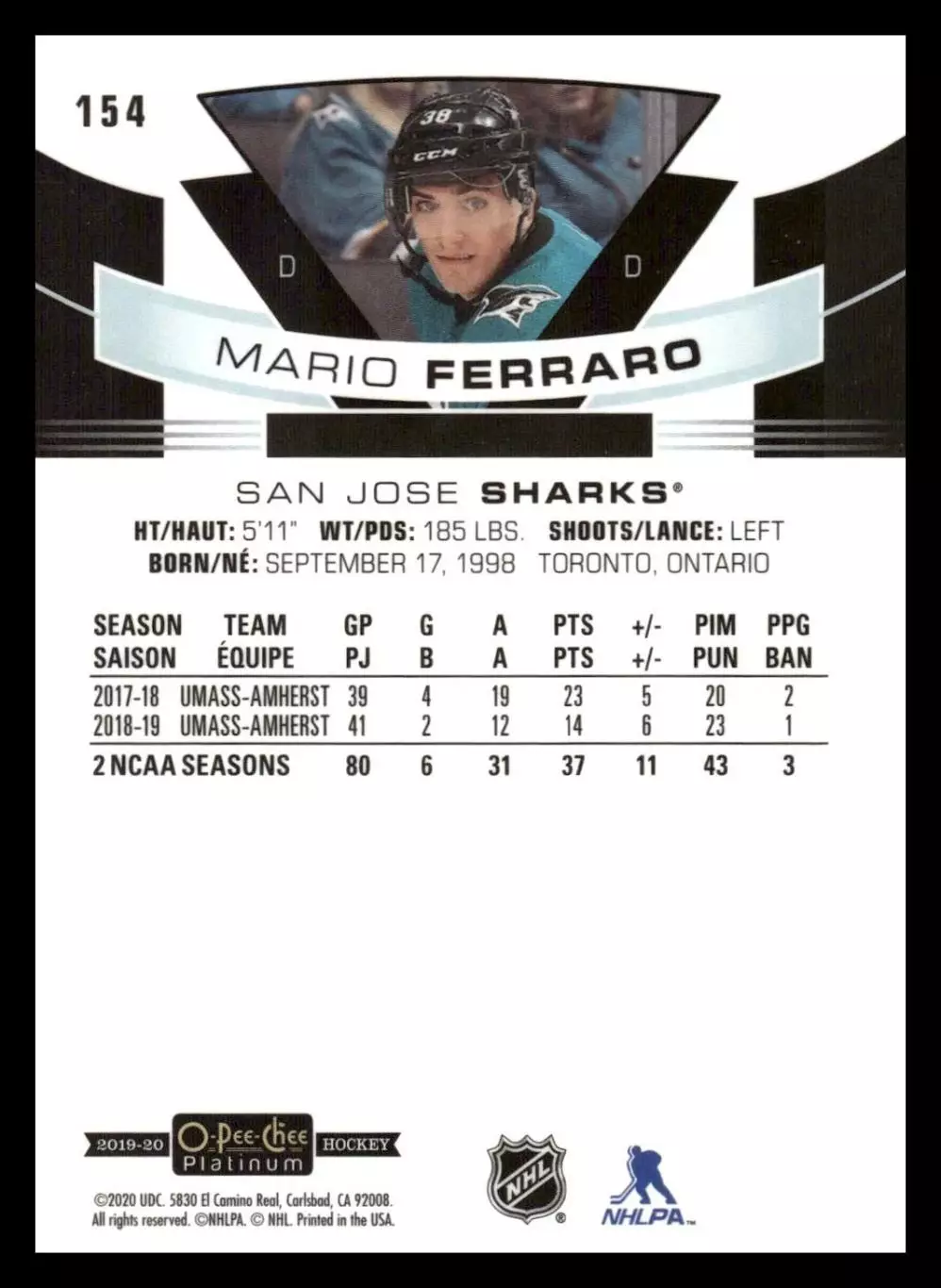 2019-20 O-Pee-Chee Platinum #154 Mario Ferraro RC 1