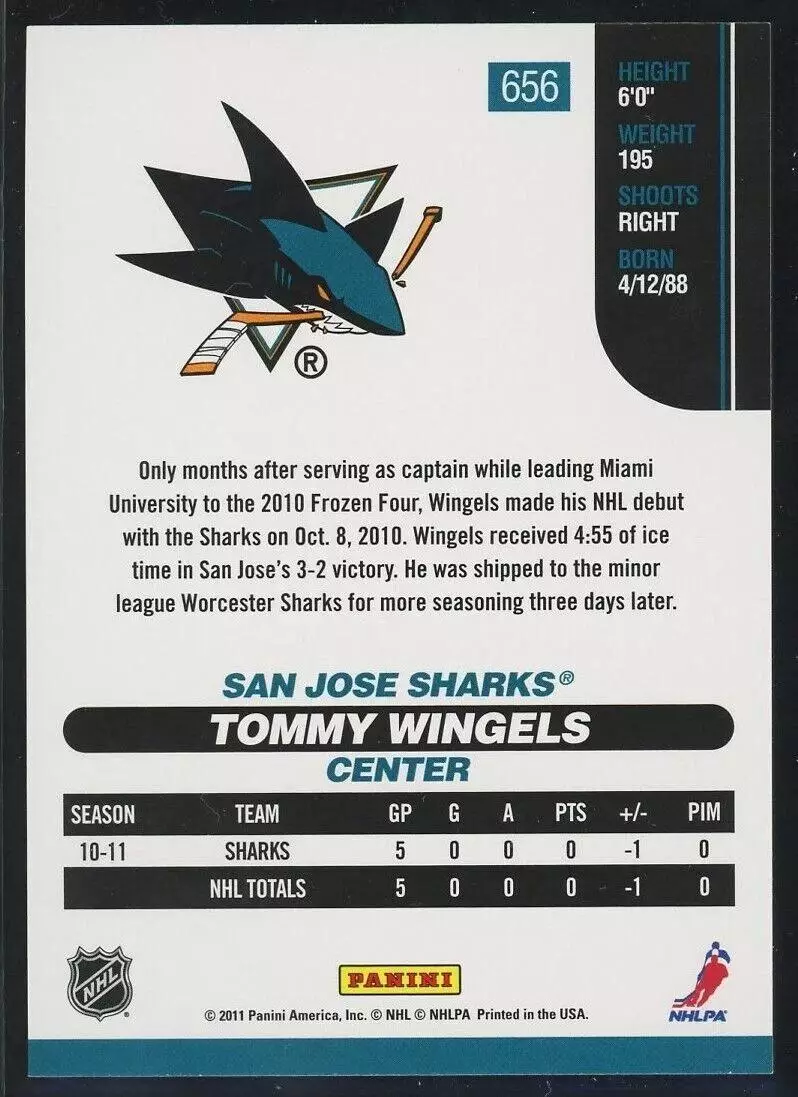 2010-11 Score #656 Tommy Wingels RC 1