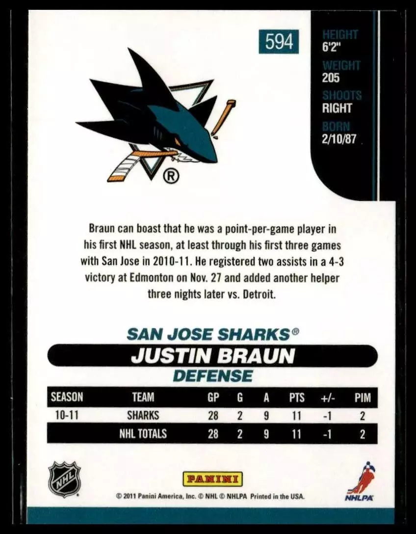 2010-11 Score #594 Justin Braun RC 1