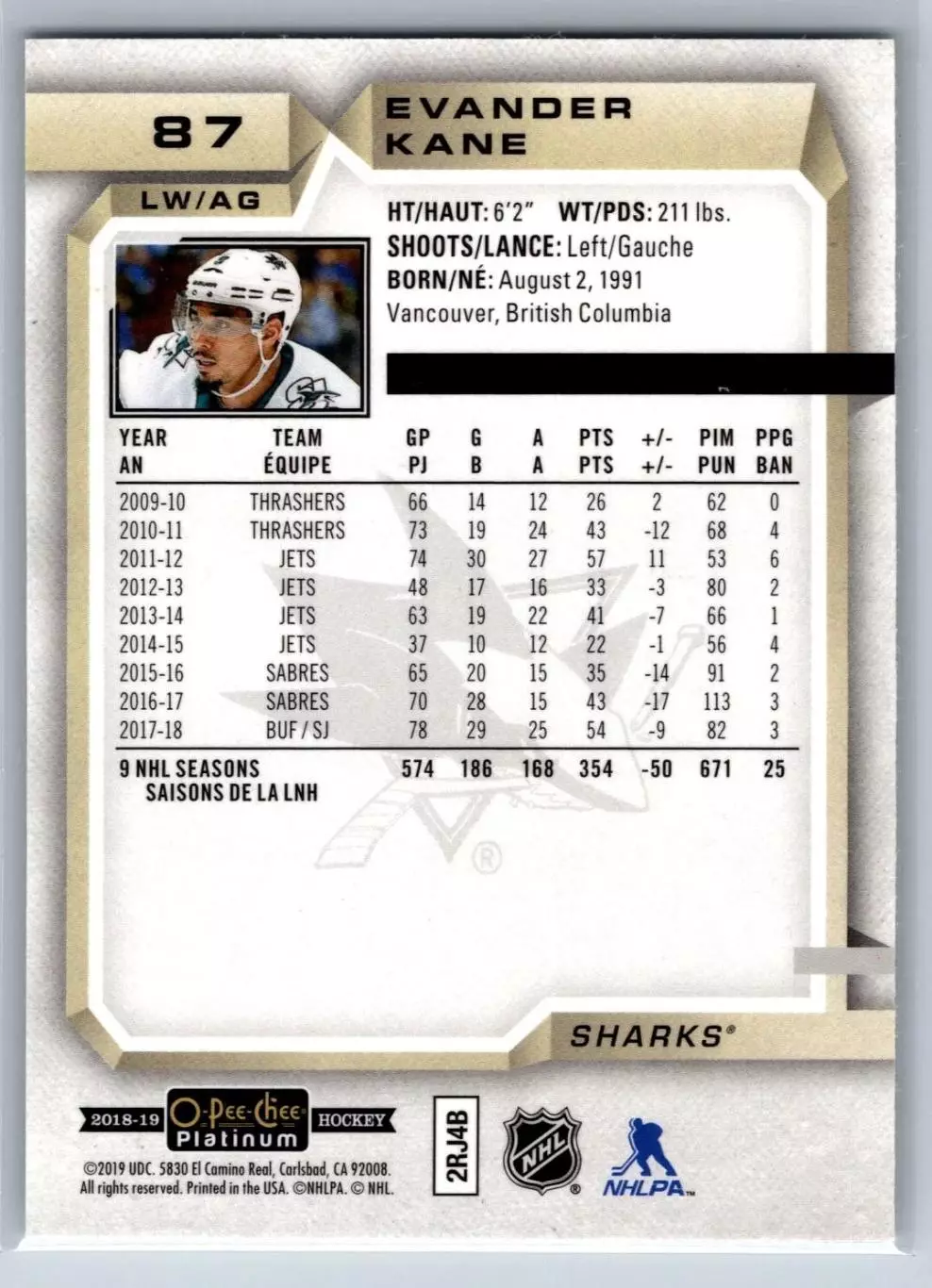 2018-19 O-Pee-Chee Platinum #87 Evander Kane 1