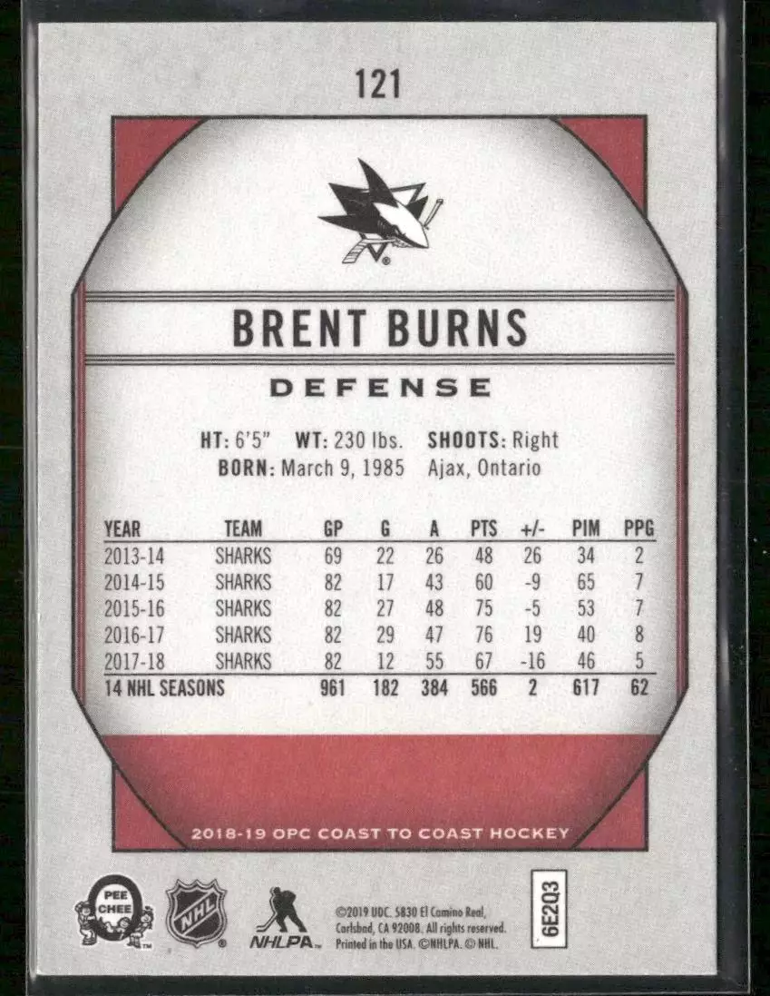 2018-19 O-Pee-Chee Coast to Coast #121 Brent Burns 1