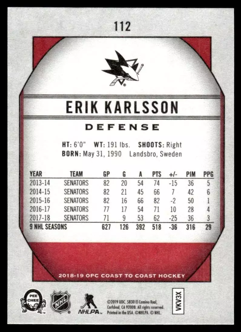 2018-19 O-Pee-Chee Coast to Coast #112 Erik Karlsson 1