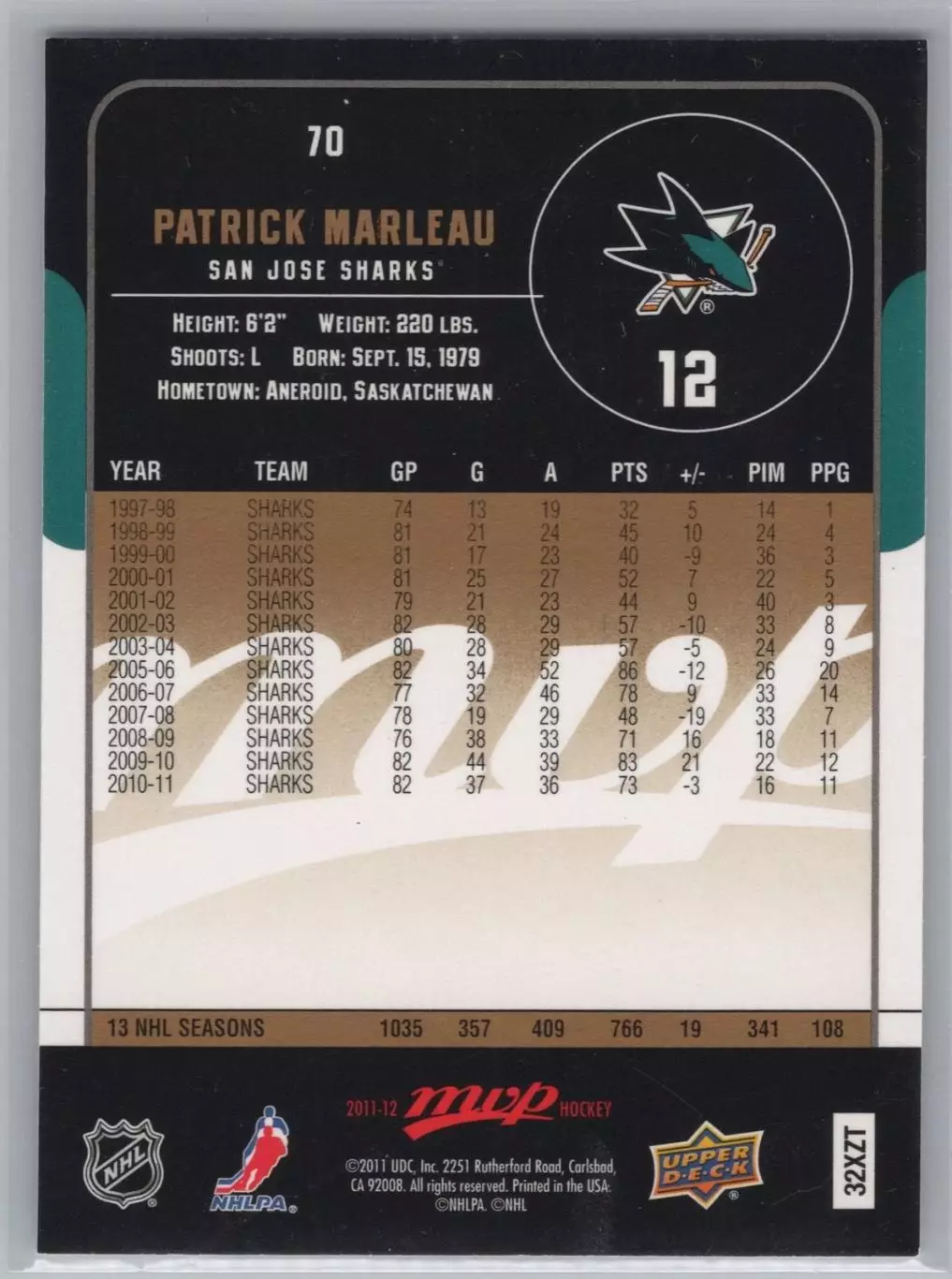 2011-12 Upper Deck MVP #70 Patrick Marleau 1