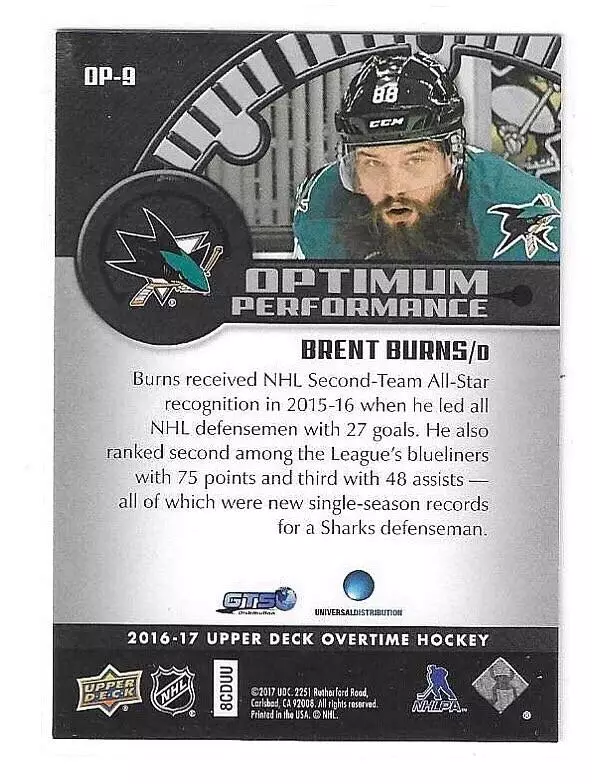 2016-17 Upper Deck Overtime Optimum Performance #OP9 Brent Burns 1