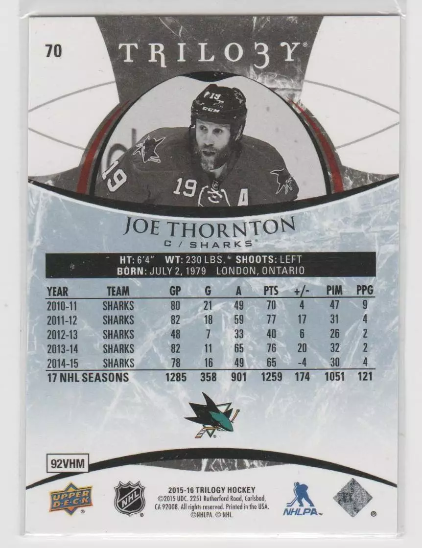 2015-16 Upper Deck Trilogy Rainbow Blue #70 Joe Thornton 328/358 1