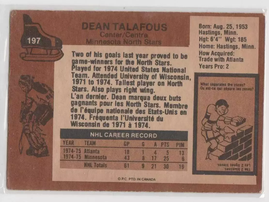 1975-76 O-Pee-Chee #197 Dean Talafous RC 1
