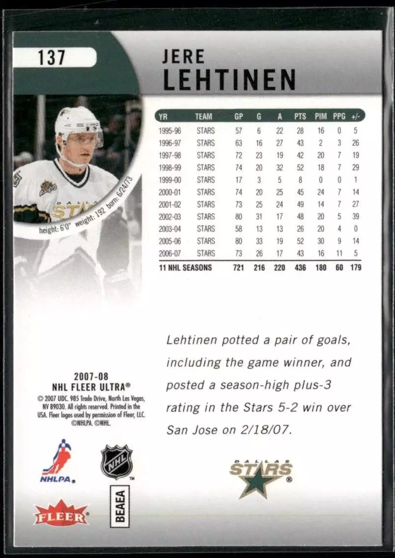 2007-08 Ultra #137 Jere Lehtinen 1