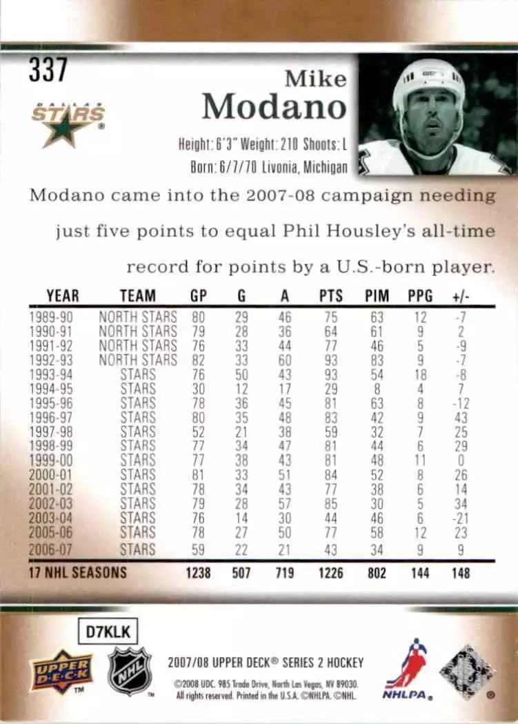2007-08 Upper Deck #337 Mike Modano 1
