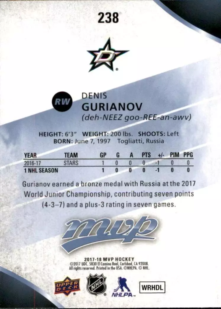 2017-18 Upper Deck MVP #238 Denis Gurianov RC 1
