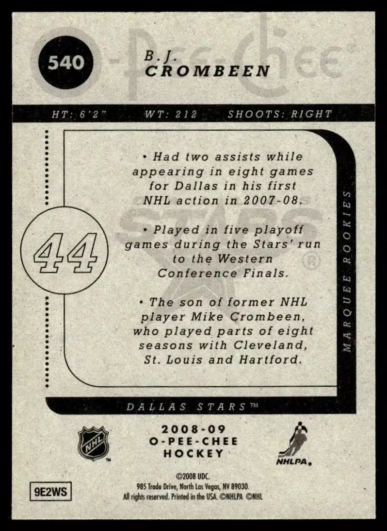 2008-09 O-Pee-Chee #540 B.J. Crombeen RC 1