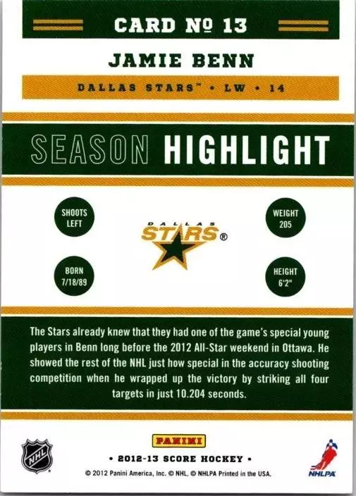 2012-13 Score Gold Rush #13 Jamie Benn SH 1