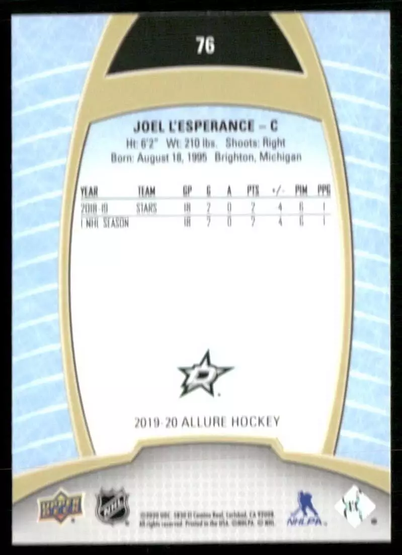 2019-20 Upper Deck Allure #76 Joel L'Esperance RC 1