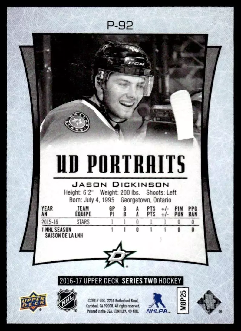 2016-17 Upper Deck UD Portraits #P92 Jason Dickinson 1