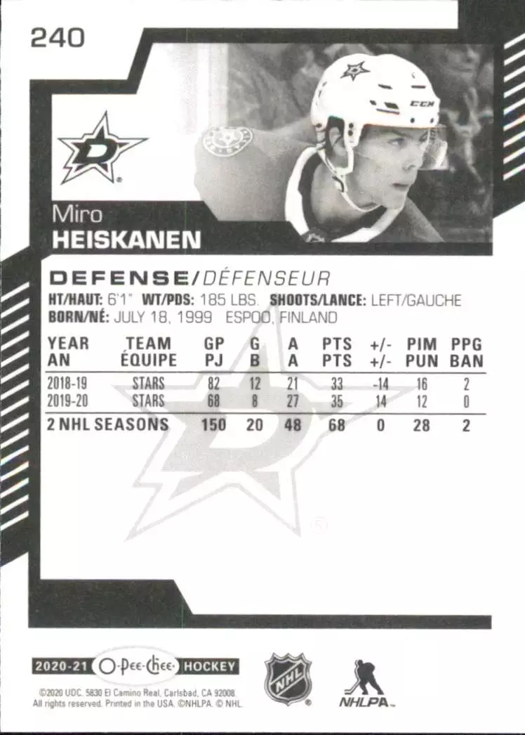 2020-21 O-Pee-Chee #240 Miro Heiskanen 1