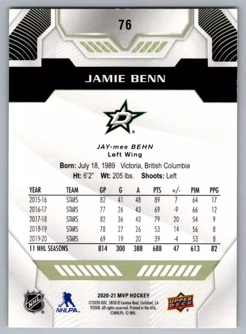 2020-21 Upper Deck MVP #76 Jamie Benn 1