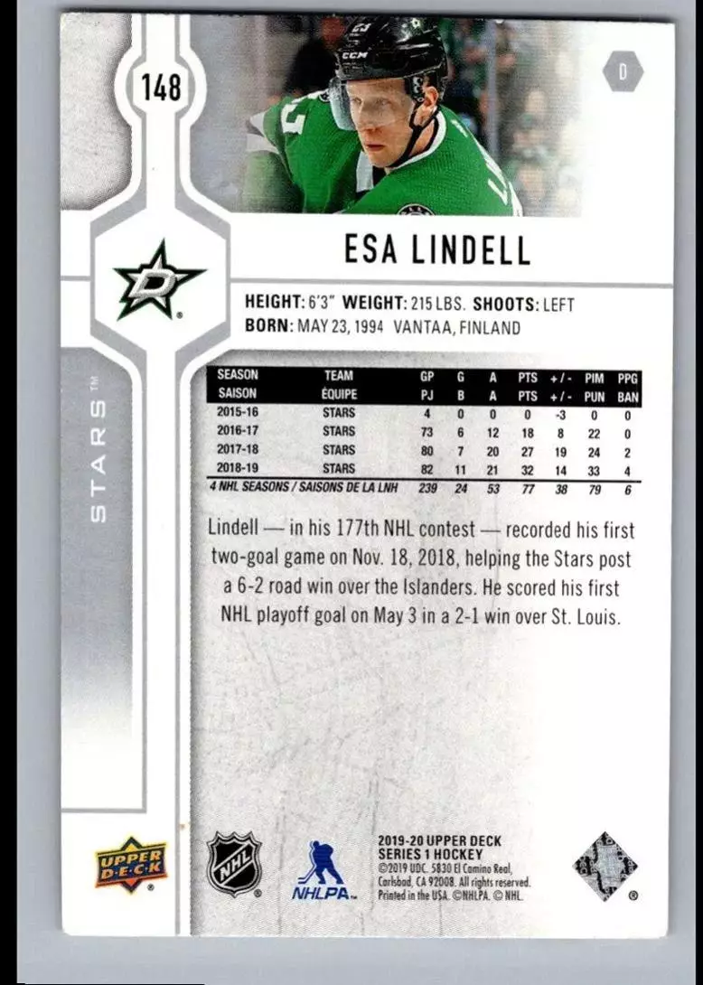 2019-20 Upper Deck #148 Esa Lindell 1