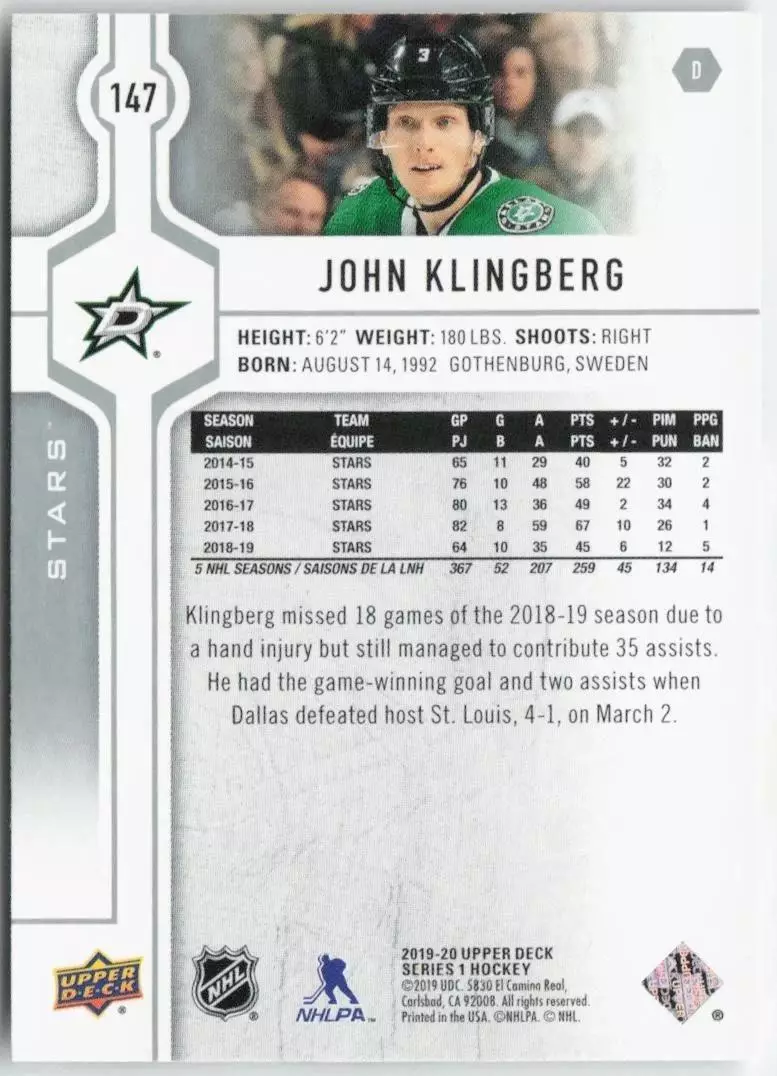 2019-20 Upper Deck #147 John Klingberg 1