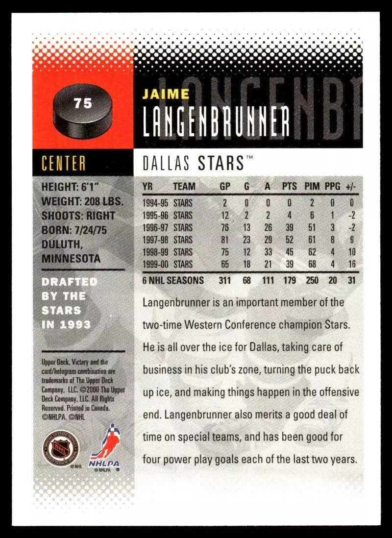 2000-01 Upper Deck Victory #75 Jamie Langenbrunner 1