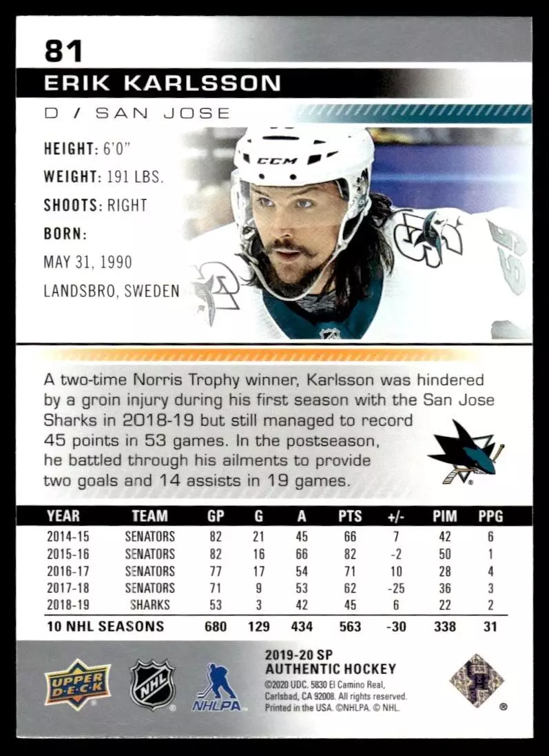 2019-20 SP Authentic #81 Erik Karlsson 1