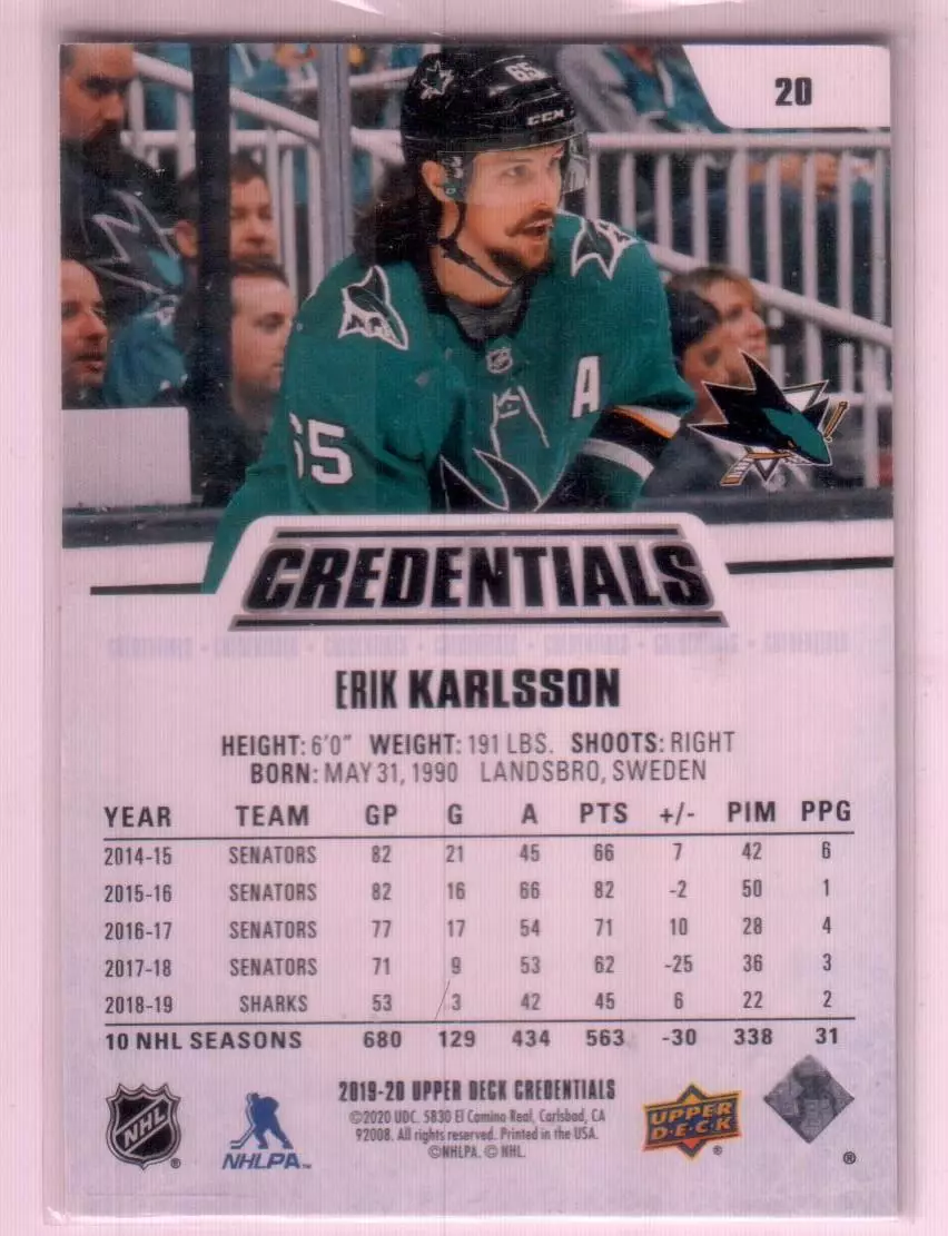2019-20 Upper Deck Credentials Purple #20 Erik Karlsson 12\25 1