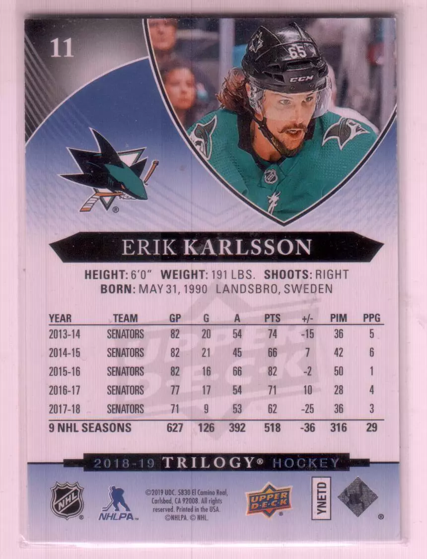 2018-19 Upper Deck Trilogy Blue #11 Erik Karlsson 415\799 1